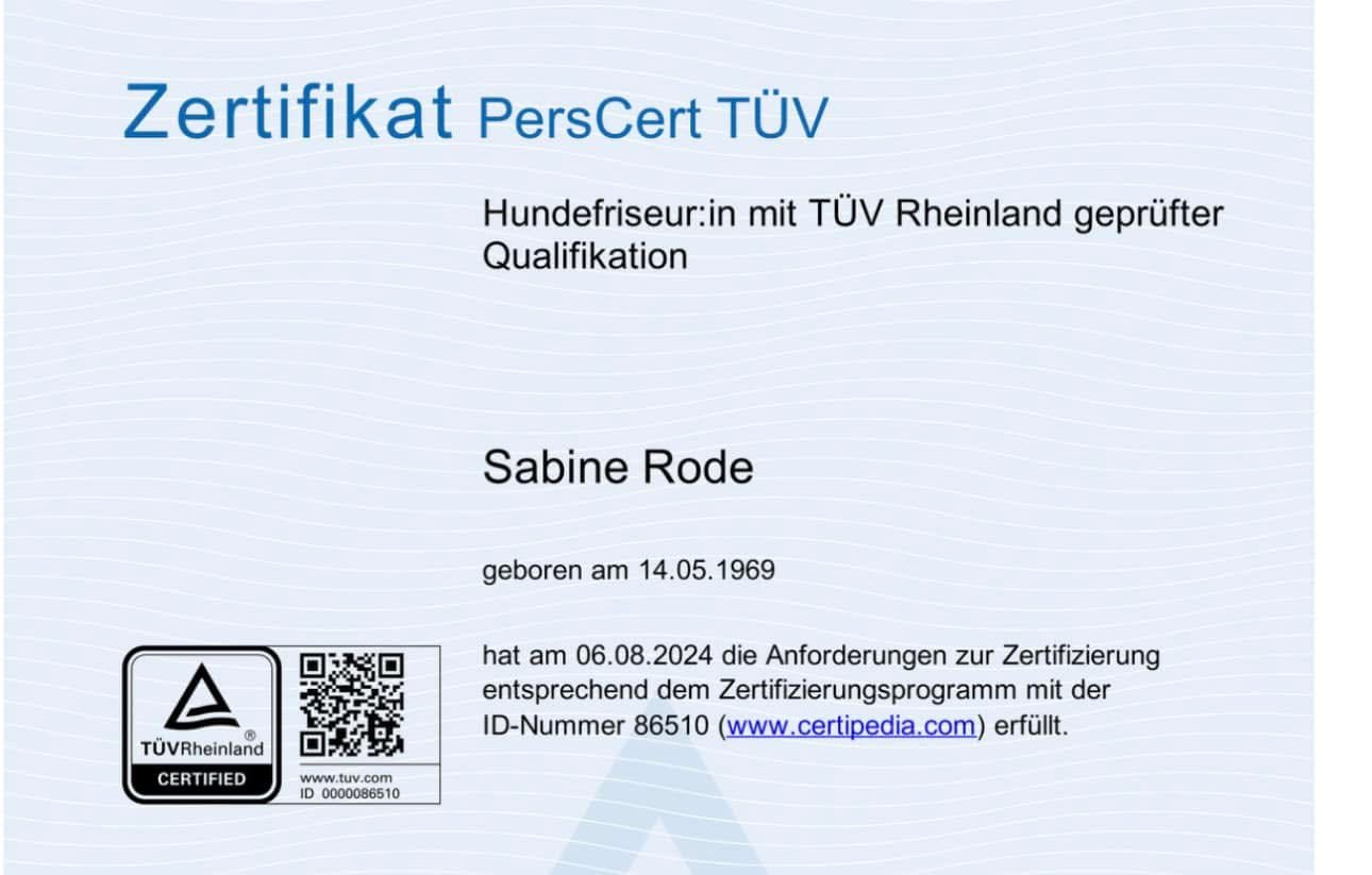 TÜV Rheinland Zertifikat – geprüfte Hundefriseurin